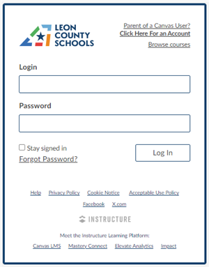 Canvas login screen